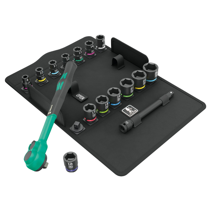 CLIQUET WERA  8100 SB ZYKLOP COMFORT 3-8 METRIQUE AVEC DOUILLES ET RALLONGE NOIR-VERT (SET 16 PIECES)  -MARQUE ALLEMANDE POUR LES ATELIERS-