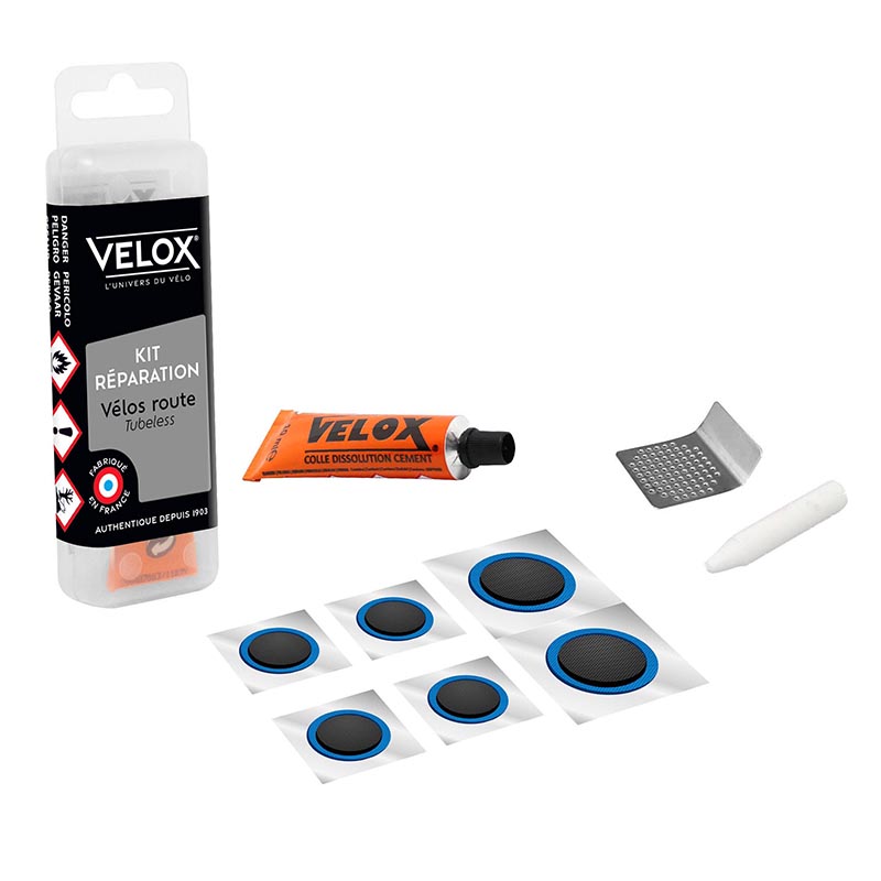 KIT REPARATION PNEU TUBELESS ROUTE VELOX PAR L'INTERIEUR AVEC RUSTINES - BOITE (COLLE 5G + 4 PATCHS 15MM + 2 PATCHS 25MM + 1 RAPE METAL)