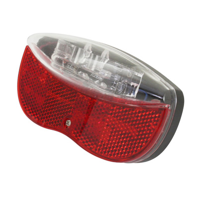 ECLAIRAGE VELO A PILE ARRIERE SUR PORTE-BAGAGES 2 LEDS ROUGE (LIVRE AVEC PILES) ENTRAXE 80MM